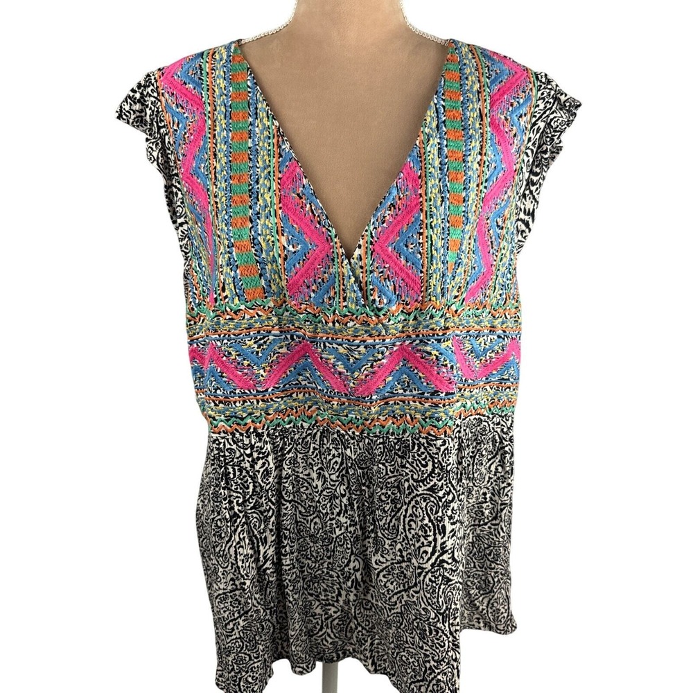 Savanna‎ Jane Top Womens 2X Multicolor V Neck Embroidered Boho Plus Size Vibrant